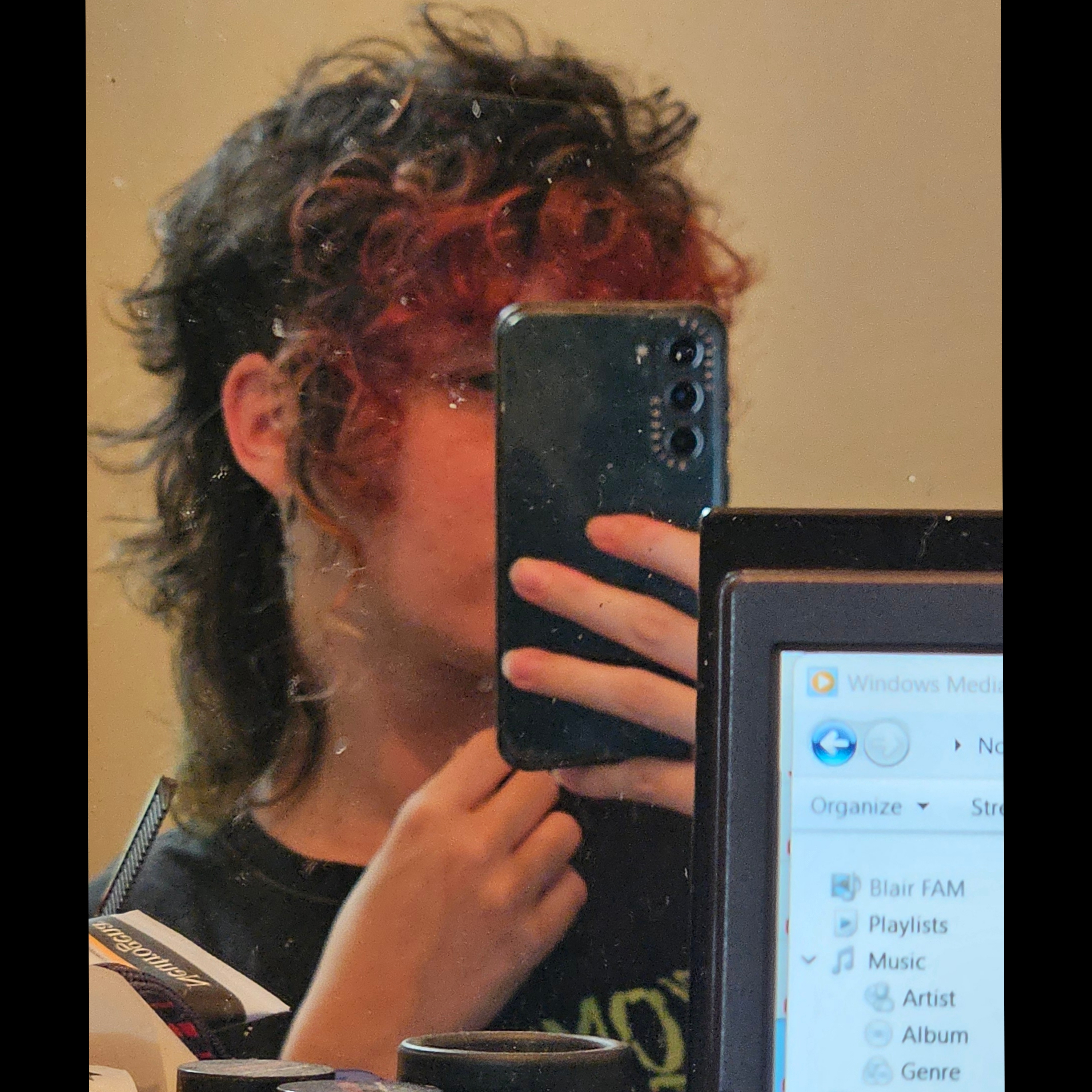 A picture of the website owner with curly red and black hair